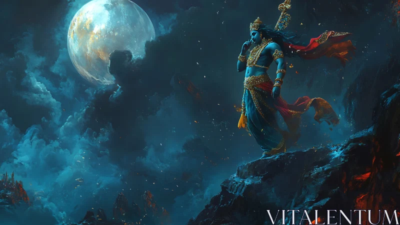 Celestial blue deity strides across volcanic night sky.