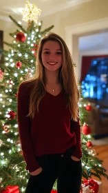 Young woman in red sweater before illuminated Christmas tree