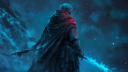 Lone warrior stands in icy storm with glowing frostblade.