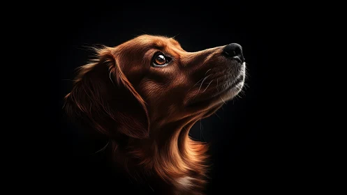 Warm side-lit dog portrait in dramatic black void background.
