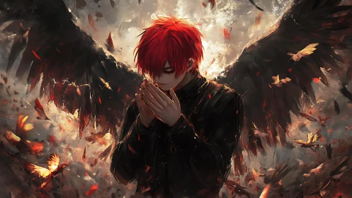 Digital painting of red-haired fallen angel in flaming dusk.