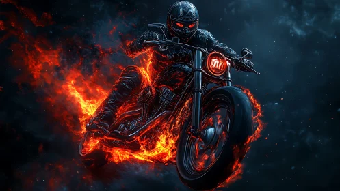 Inferno rider tears through midnight on a flaming street beast.