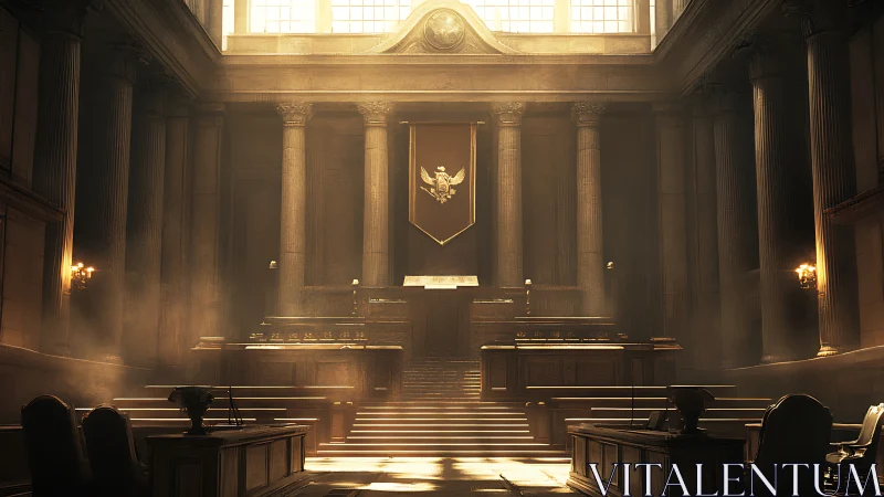 Sunlit grand courtroom bathed in quiet golden stillness.