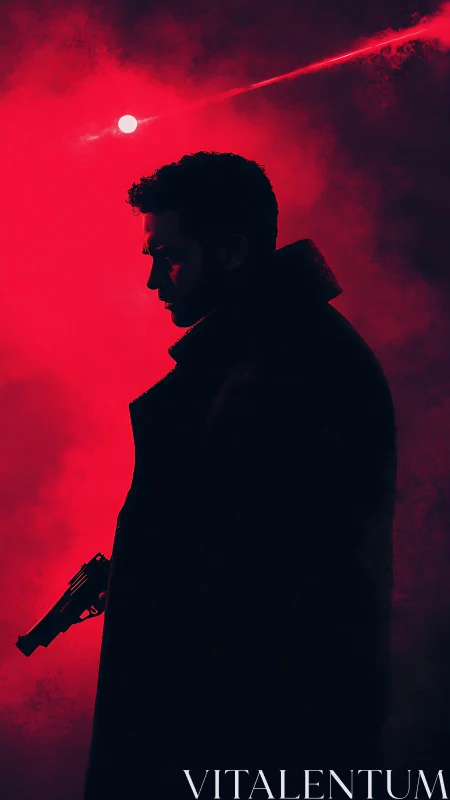 Silhouetted gunman walks through red neon haze at night