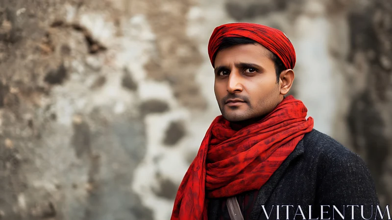 Man in red headscarf and shawl stands against blurred wall