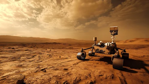 Mars rover surveys dusty crater plain under golden sky