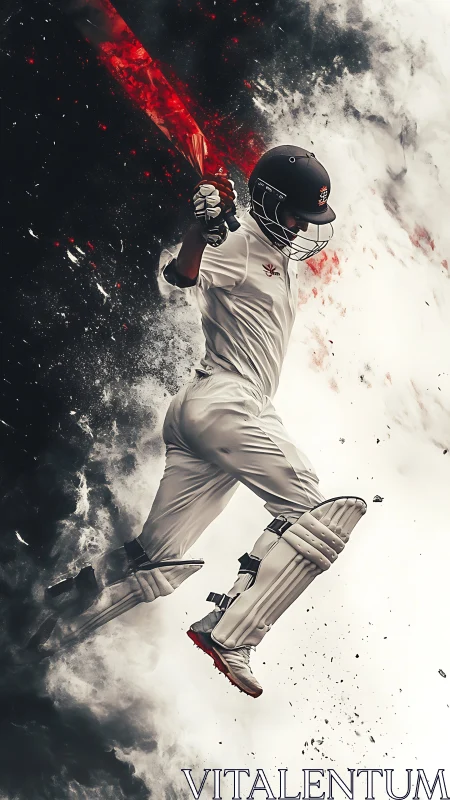 Cricket batsman leaps through swirling smoke and sparks.