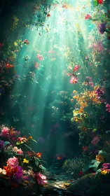 Sunbeams penetrate a lush fantastical floral forest cavern