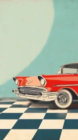 Classic red coupe parked on retro teal background floor.