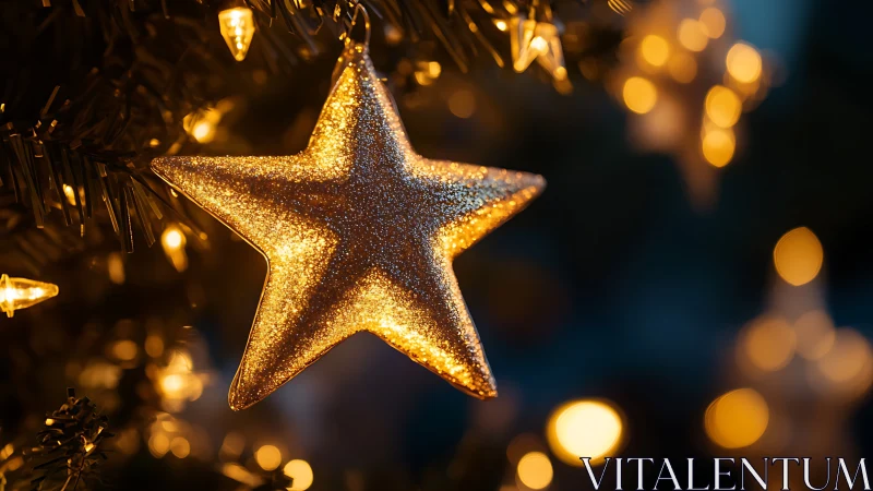 Golden star ornament glows warmly among soft festive lights