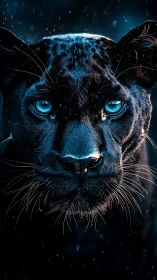 Black Panther with Luminous Blue Eyes in Cosmic Rainstorm.