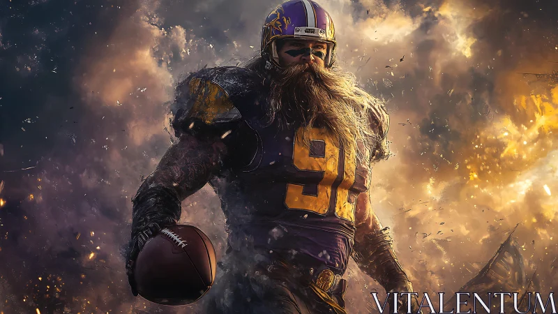 Gridiron warlord strides through stormlit embers of glory.