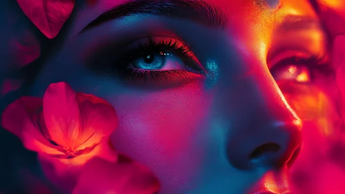 Neon portrait captures vivid blue eyes amid glowing petals