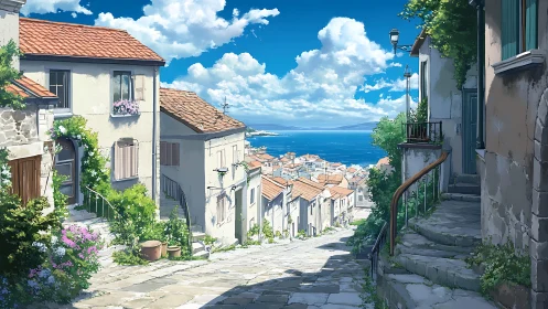 Sunlit coastal alley descending toward vivid blue harbor.