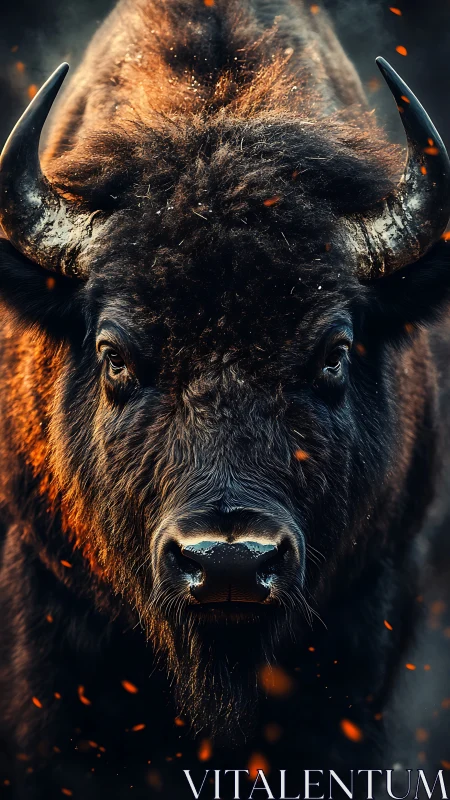 Front-facing bison portrait shows detailed fur and horns
