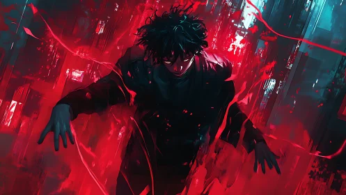 Stormlit antihero wrapped in electric crimson chaos.