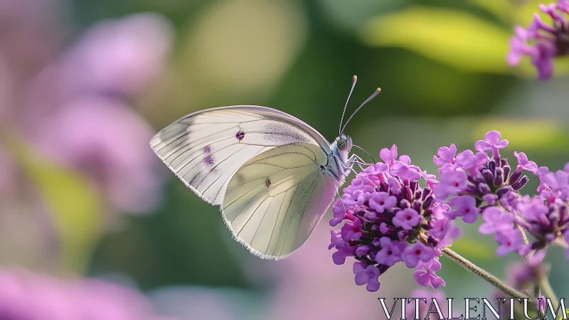 Delicate white butterfly resting on vivid lilac blossoms.