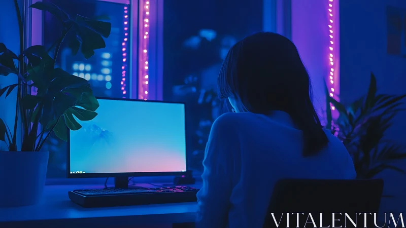 Cozy neon workspace with a quiet night computer glow.