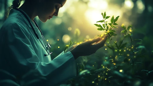Female doctor in forest examining glowing plant, ethereal lighting.