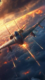 Futuristic fighter jet dives through burning storm clouds in war