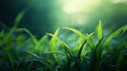 Close-up of vibrant green grass blades in soft morning light.
