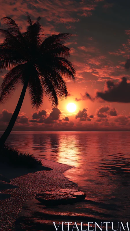 Crimson tides cradle a lone palm in quiet tropical hush