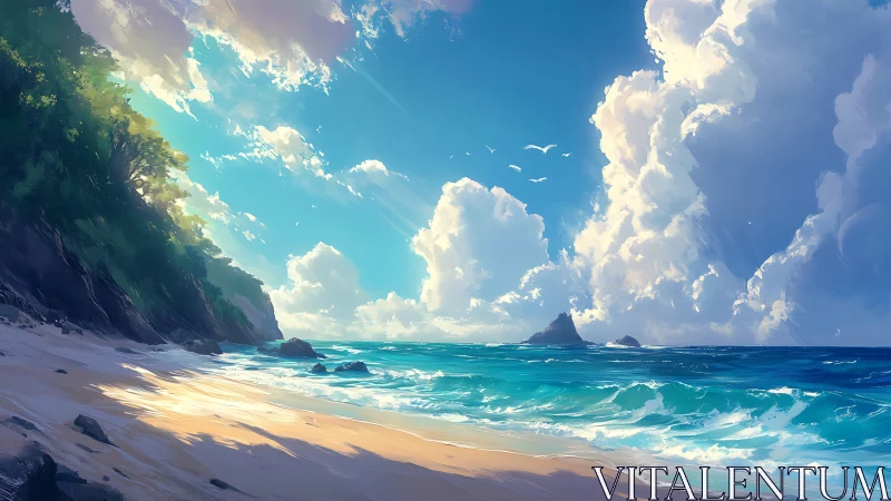 Paradise Beach Bathed in Glowing Sunlight and Dramatic Clouds