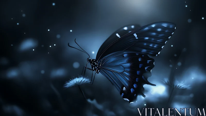 Midnight blue butterfly resting amid glowing bokeh field.