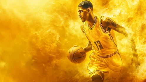 Basketball player drives forward through blazing yellow light