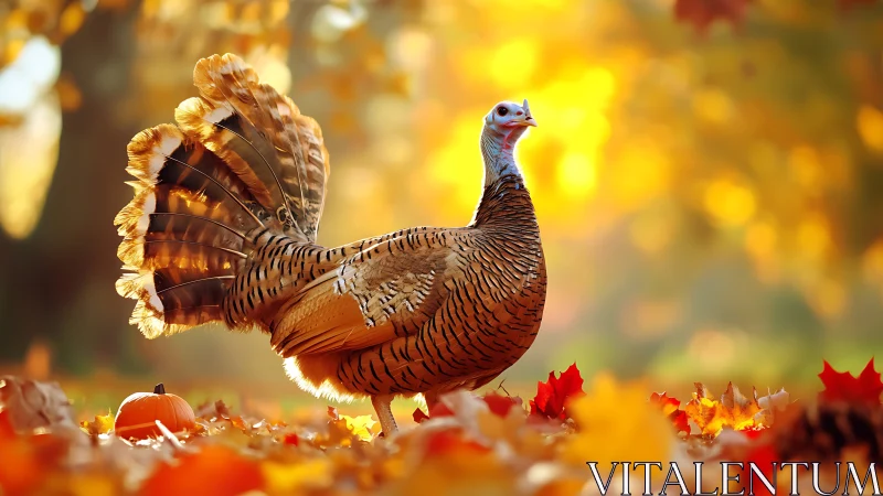 Wild turkey standing amid autumn leaves and pumpkin.