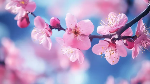 Pink Peach Blossoms on Branch Against Blue Sky.