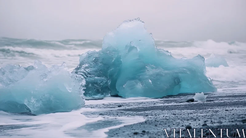 Blue glacial ice blocks rest on a dark volcanic shoreline
