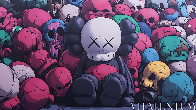 Cartoon skull character sits among colorful skull piles
