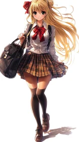 Blonde anime schoolgirl in pleated tartan skirt, walking forward