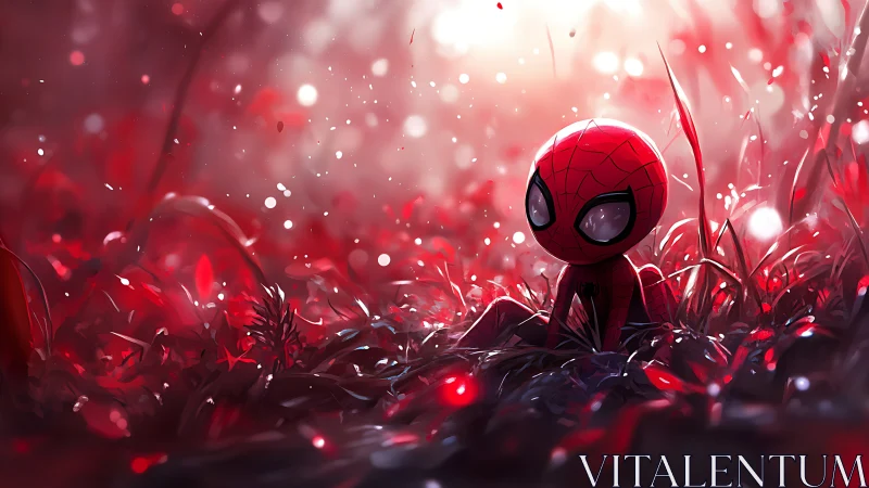 Tiny spider hero daydreams in a glowing crimson meadow