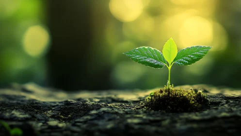Young Green Seedling in Sunlight with Soft Nature Background.