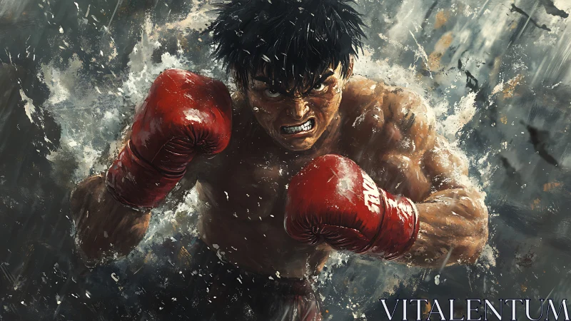 Aggressive male boxer throwing punches with red boxing gloves