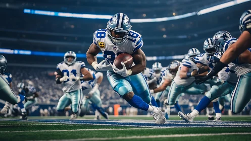 Running back dives through goal line in packed stadium.