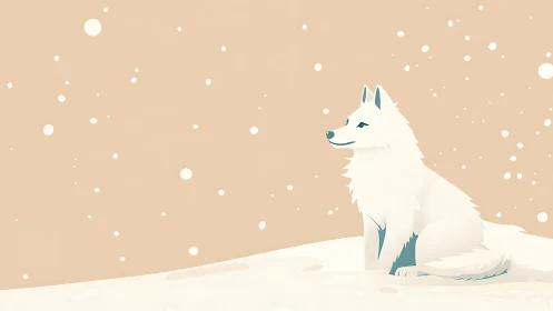 White wolf sits on snow under falling stylized snowflakes