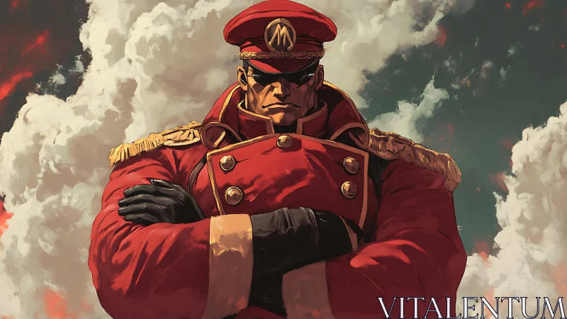 Military officer in red uniform crosses arms under clouds