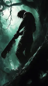Chainsaw drifter stalks a fog-choked, venom-green forest.