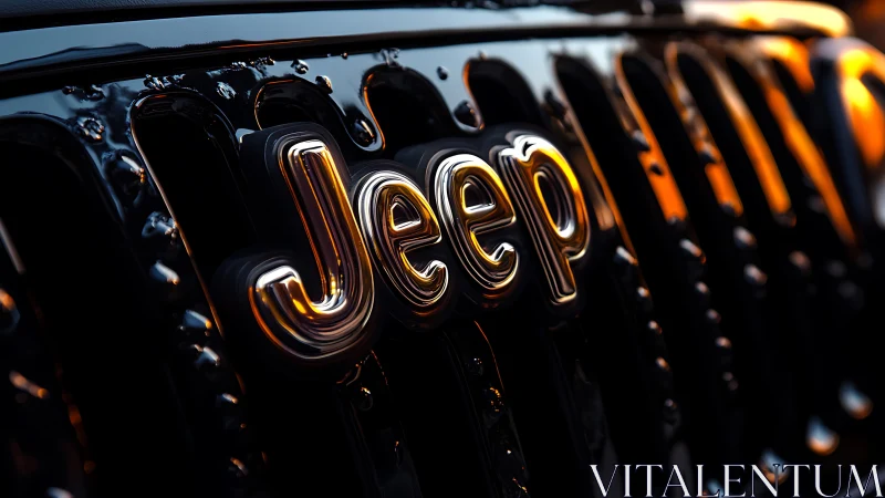 Chrome Jeep badge drinks the sunset in glossy close-up