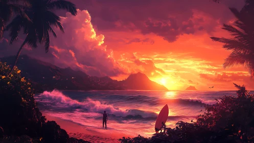 Luminous tropical surfscape under volumetric sunset sky.