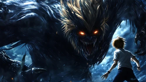 Boy confronts massive glowing-eyed demon in stormy night