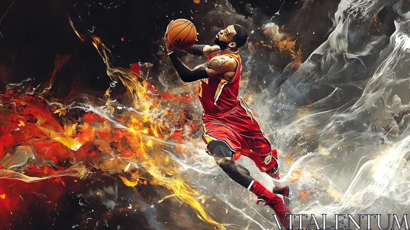 Dynamic basketball dunk rendered in explosive digital painting