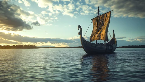 Viking longship sails across calm water at evening light