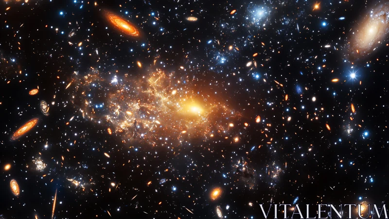 Galactic firestorm blooms in a jeweled tapestry of deep space.