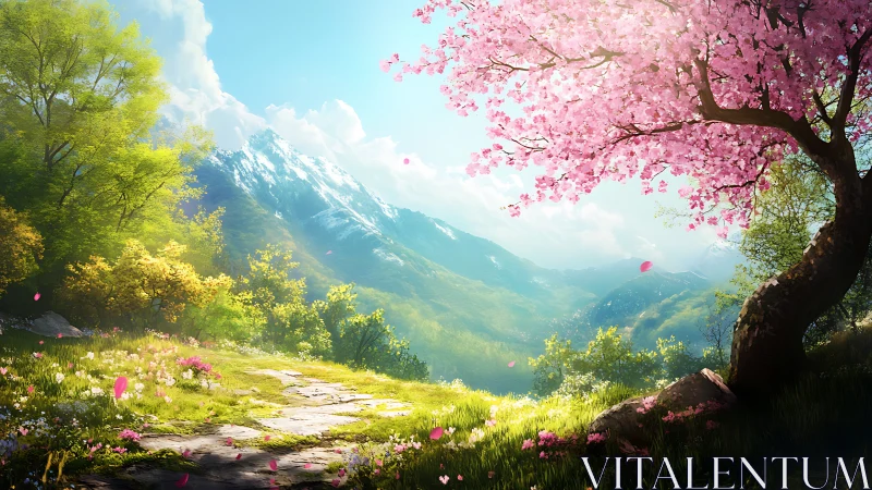 Springtime valley path beneath a glowing cherry blossom tree.