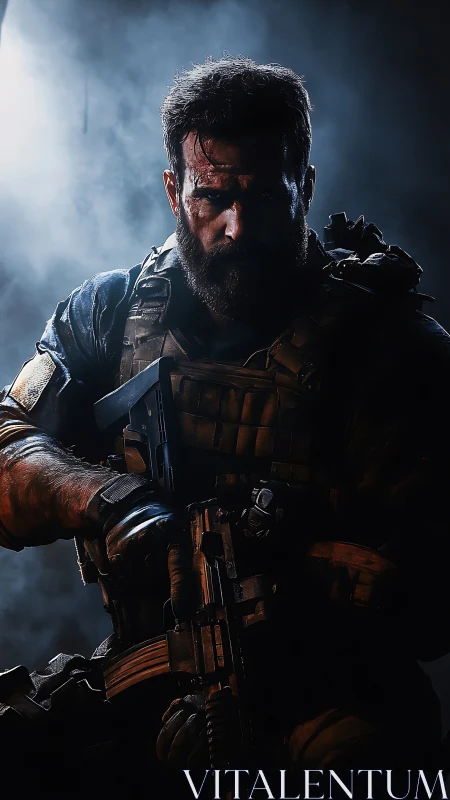 Tactical soldier portrait in dramatic low key rim lighting.