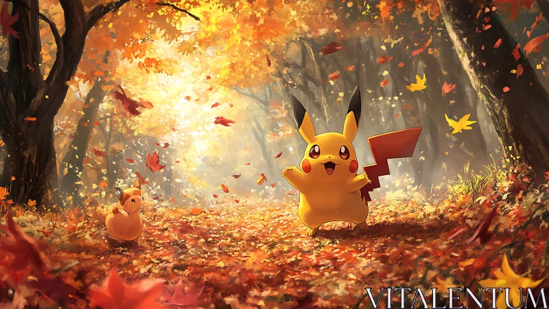 Autumn forest illumination with Pikachu under dynamic leaffall.